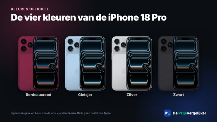 De vier kleuren van de iPhone 18 Pro: Bordeauxrood, Gletsjer, Zilver en Zwart