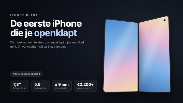 Concept van de opvouwbare iPhone Ultra met opengeklapt binnenscherm (eigen weergave, geen officieel beeld van Apple)