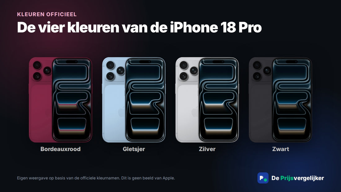 De vier kleuren van de iPhone 18 Pro: Bordeauxrood, Gletsjer, Zilver en Zwart