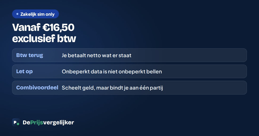 Zakelijk sim only vanaf 16,50 euro exclusief btw; let op dat onbeperkt data niet hetzelfde is als onbeperkt bellen