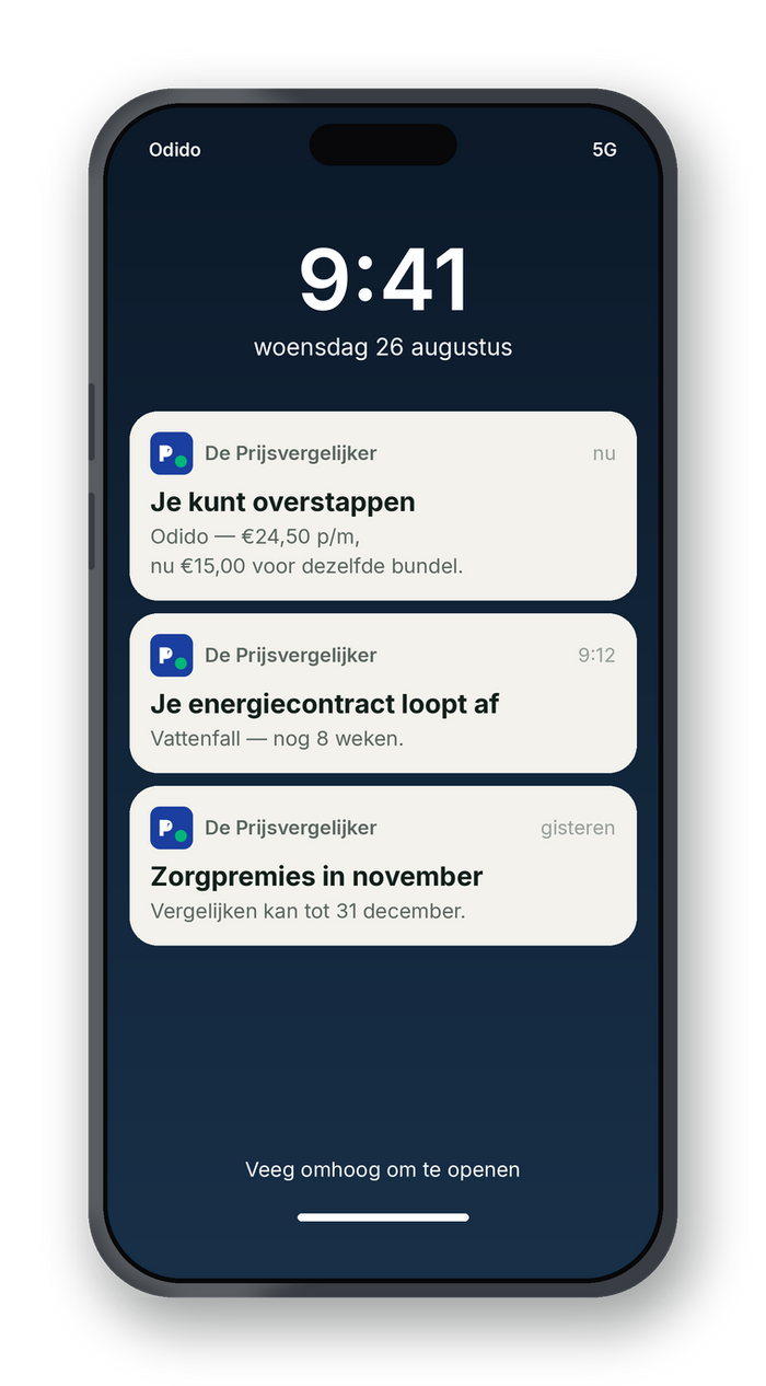 Telefoon met drie meldingen: je kunt overstappen, je energiecontract loopt af en zorgpremies in november